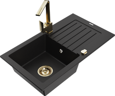 Mexen Pablo granitový kuchynský drez 1-komorový s odkvapkávačom a kuchynskou batériou Rita, čierny - 6510-77-670300-50