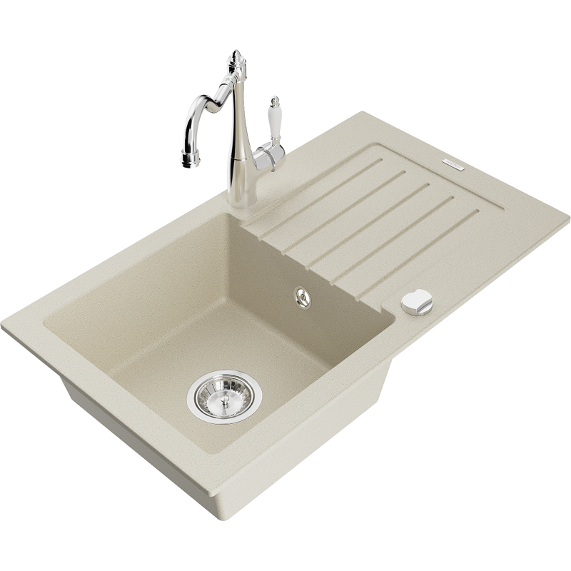 Mexen Pablo žulový kuchynský drez 1-komorový s odkvapkávačom a kuchynskou batériou Carla, béžový - 6510-69-670700-00