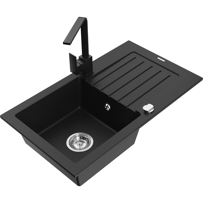 Mexen Pablo žulový drez 1-komorový s odkvapkávačom a kuchynskou batériou Rita, čierny - 6510-77-670300-70