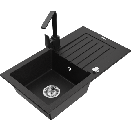 Mexen Pablo žulový drez 1-komorový s odkvapkávačom a kuchynskou batériou Rita, čierny - 6510-77-670300-70