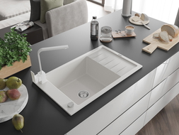 Mexen Elias granitový kuchynský drez s 1-komorou, odkvapkávacou plochou a kuchynskou batériou Rita, biela - 6511-20-670300-20