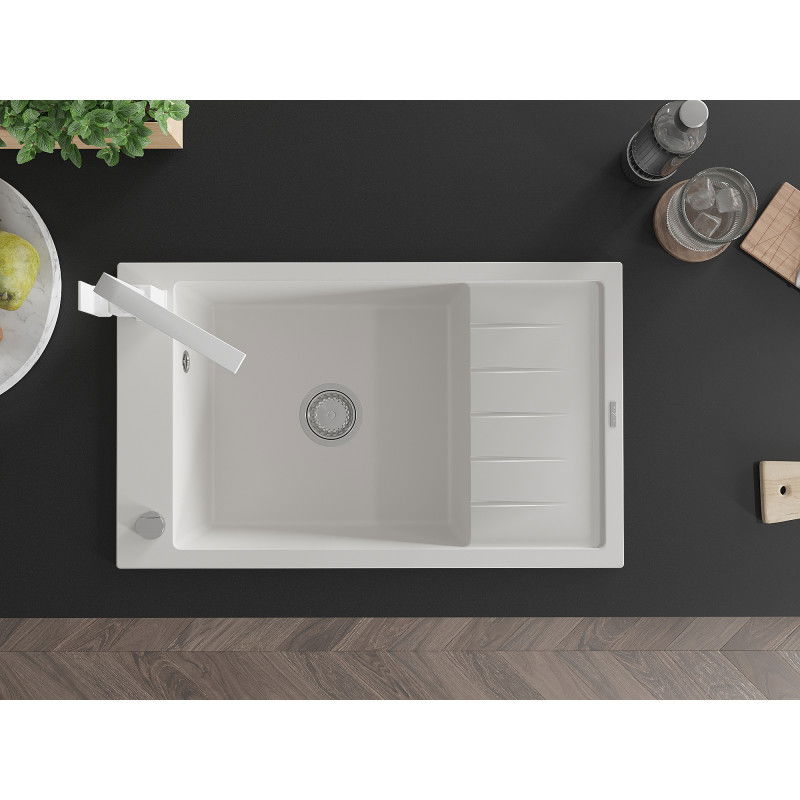 Mexen Elias granitový kuchynský drez s 1-komorou, odkvapkávacou plochou a kuchynskou batériou Rita, biela - 6511-20-670300-20