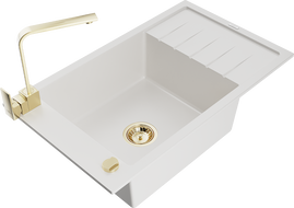 Mexen Elias jednokomorový žulový drez s odkvapkávačom a kuchynskou batériou Rita, biely - 6511-20-670300-50