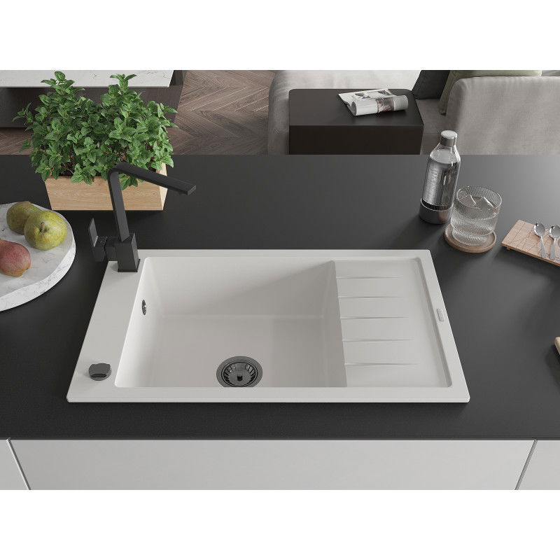 Mexen Elias žulový drez 1-komorový s odkvapkávačom a kuchynskou batériou Rita, biely - 6511-20-670300-70