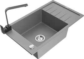 Mexen Elias granitový drez 1-komorový s odkvapkávačom a kuchynskou batériou Rita, sivý - 6511-71-670300-70