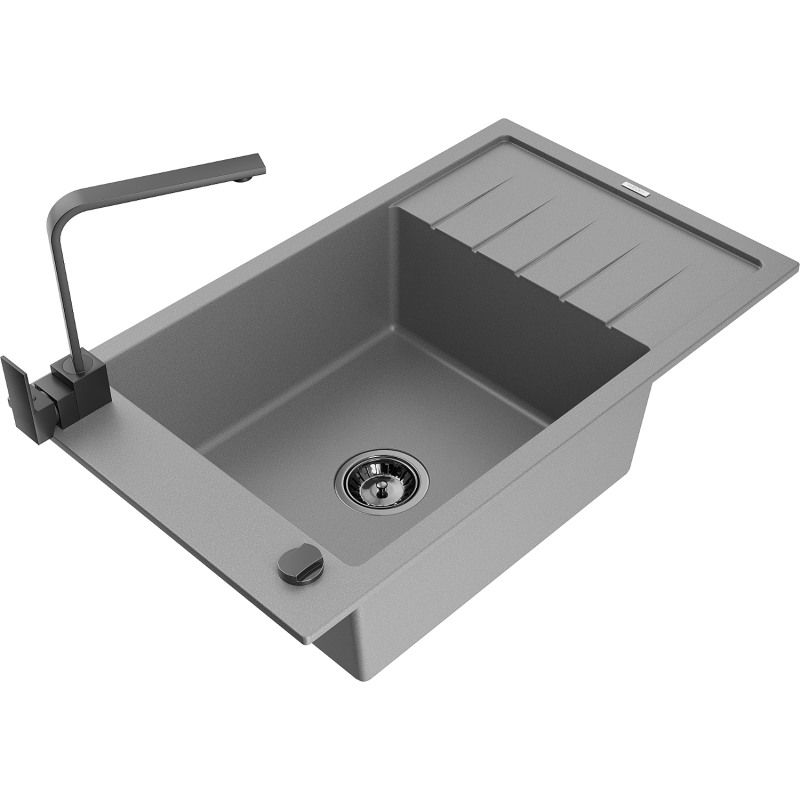 Mexen Elias granitový kuchynský drez s 1 komorou, odkvapkávacom a kuchynskou batériou Rita, šedý - 6511-71-670300-70-B