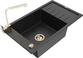 Mexen Elias granitový kuchynský drez s 1 komorou, odkvapkávacou plochou a kuchynskou batériou Rita, čierny/strieborný