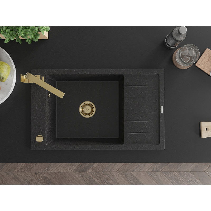 Mexen Elias granitový kuchynský drez s 1 komorou, odkvapkávacou plochou a kuchynskou batériou Rita, čierny/strieborný