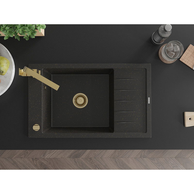 Mexen Elias granitový drez 1-komorový s odkvapkávačom a kuchynskou batériou Rita, čierny/zlatý metalický - 6511-75-670300-50