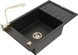 Mexen Elias granitový drez 1-komorový s odkvapkávačom a kuchynskou batériou Rita, čierny/zlatý metalický - 6511-75-670300-50