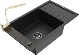 Mexen Elias granitový drez 1-komorový s odkvapkávačom a kuchynskou batériou Rita, čierny/zlatý metalik - 6511-75-670300-50-B