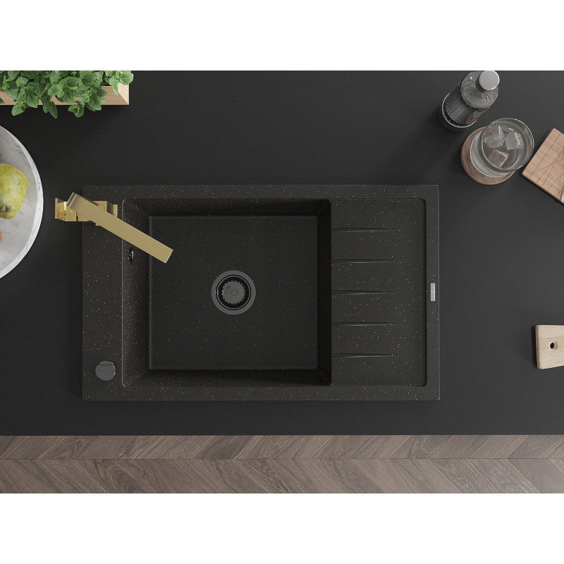 Mexen Elias granitový drez 1-komorový s odkvapkávačom a kuchynskou batériou Rita, čierny/zlatý metalik - 6511-75-670300-50-B