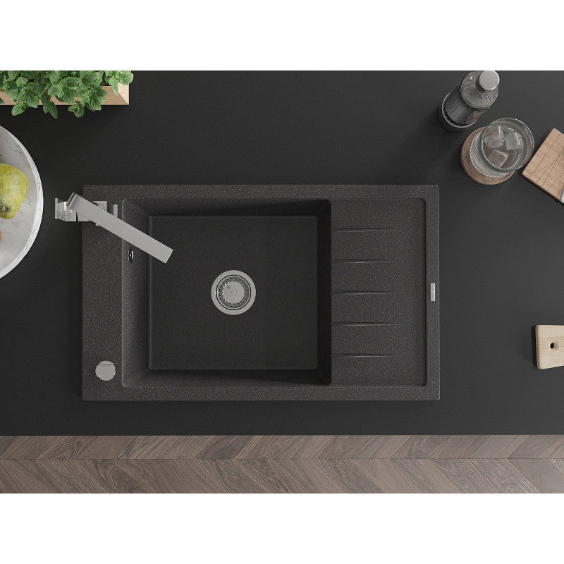 Mexen Elias 1-komorový žulový drez s odkvapkávačom a kuchynskou batériou Rita, čierny škvrnitý - 6511-76-670300-00