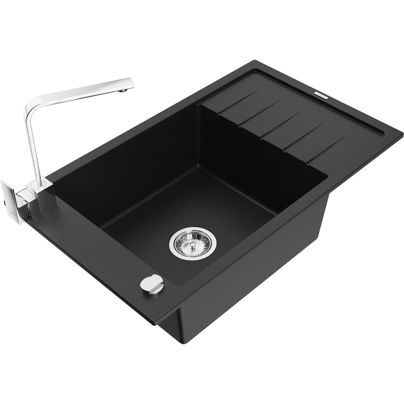 Mexen Elias žulový drez 1-komorový s odkvapkávačom a kuchynskou batériou Rita, čierny - 6511-77-670300-00