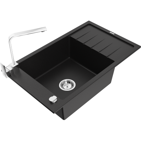 Mexen Elias žulový drez 1-komorový s odkvapkávačom a kuchynskou batériou Rita, čierny - 6511-77-670300-00