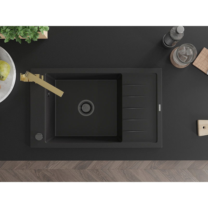 Mexen Elias granitový drez 1-komorový s odkvapkávačom a kuchynskou batériou Rita, čierny - 6511-77-670300-50-B