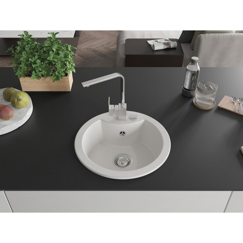 Mexen Diego granitový drez 1-komorový s kuchynskou batériou Rita, biely - 6512-20-670300-00