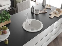 Mexen Diego žulový drez 1-komorový s kuchynskou batériou Rita, biely - 6512-20-670300-20