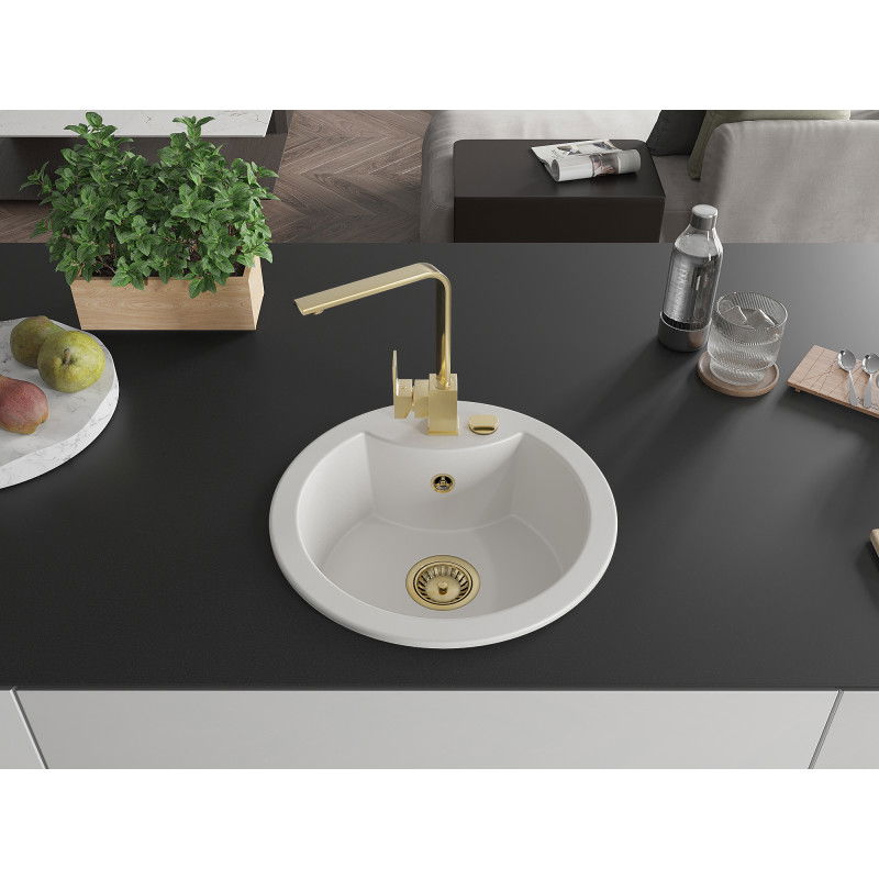 Mexen Diego granitový drez 1-komorový s kuchynskou batériou Rita, biely - 6512-20-670300-50