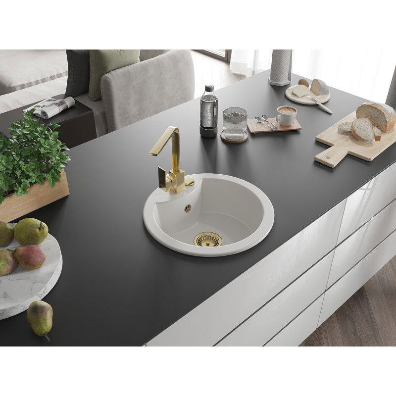 Mexen Diego granitový drez 1-komorový s kuchynskou batériou Rita, biely - 6512-20-670300-50