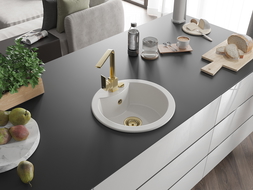 Mexen Diego granitový drez 1-komorový s kuchynskou batériou Rita, biely - 6512-20-670300-50