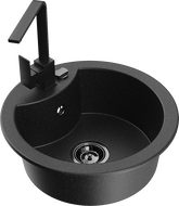 Mexen Diego jednokomorový žulový drez s kuchynskou batériou Rita, čierny/strieborný metalický - 6512-73-670300-70-B