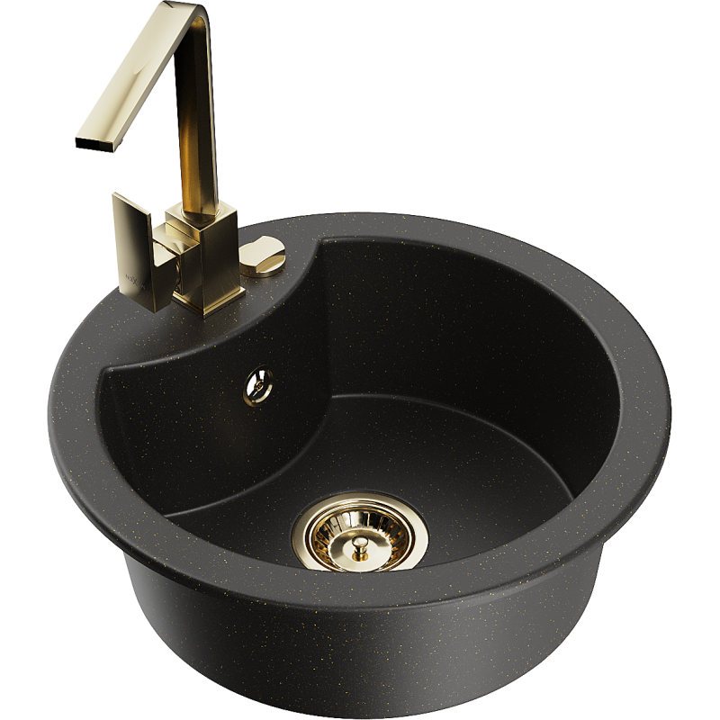 Mexen Diego žulový kuchynský drez 1-komorový s kuchynskou batériou Rita, čierny/zlatý metalik - 6512-75-670300-50