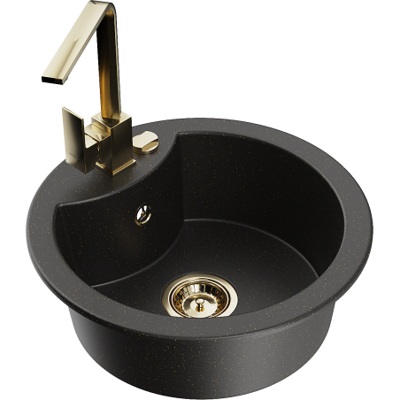 Mexen Diego žulový kuchynský drez 1-komorový s kuchynskou batériou Rita, čierny/zlatý metalik - 6512-75-670300-50