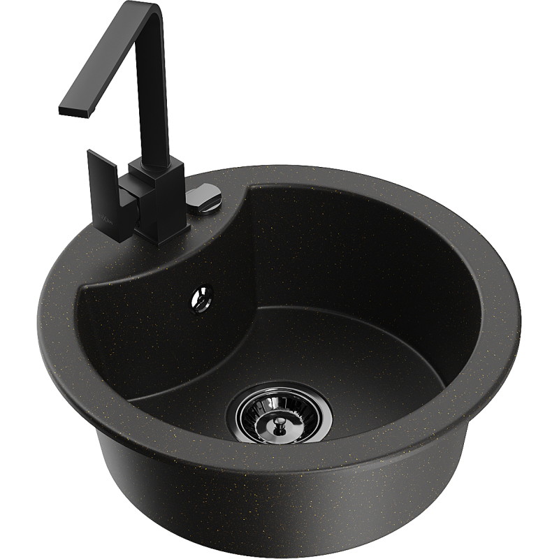 Mexen Diego granitový drez 1-komorový s kuchynskou batériou Rita, čierny/zlatý metalik - 6512-75-670300-70-B