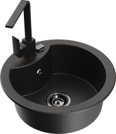 Mexen Diego žulový drez 1-komorový s kuchynskou batériou Rita, čierny/zlatý metalik - 6512-75-670300-70-B