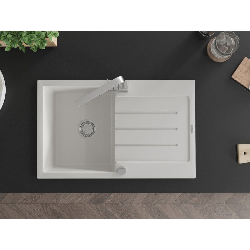 Mexen Bruno žulový kuchynský drez s 1 komorou so sušičom a kuchynskou batériou Rita, biely - 6513-20-670300-00