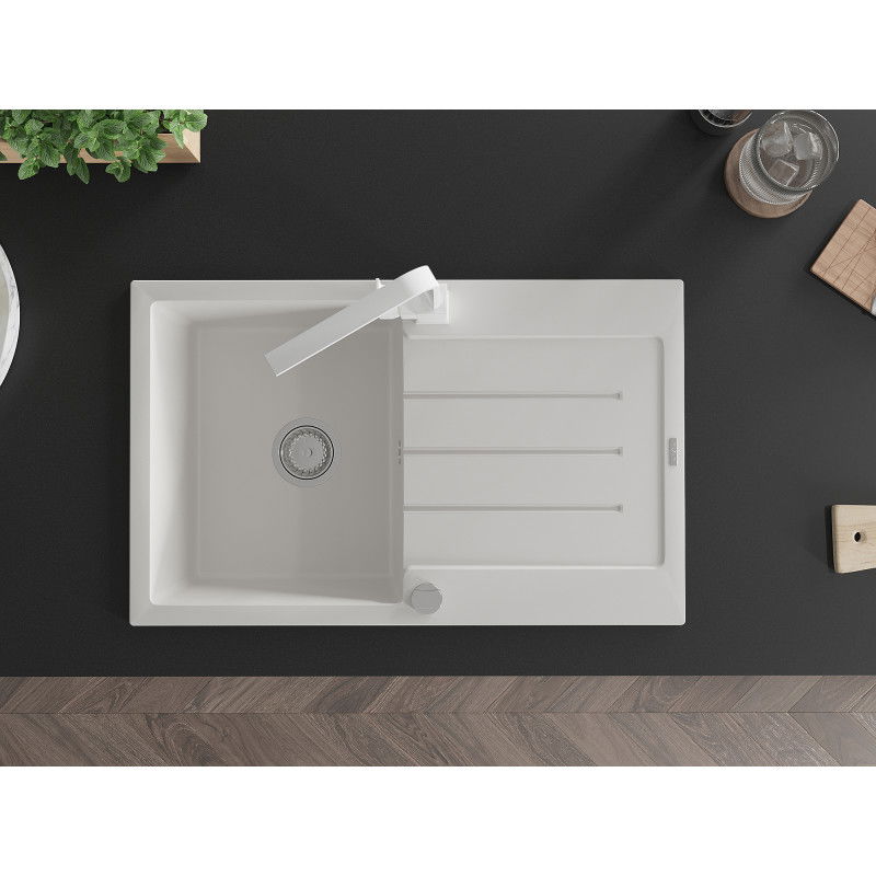 Mexen Bruno žulový kuchynský drez s jednou komorou a odkvapkávačom a kuchynskou batériou Rita, biely - 6513-20-670300-20