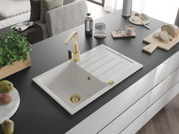 Mexen Bruno žulový drez 1-komorový s odkvapkávačom a kuchynskou batériou Rita, biela - 6513-20-670300-50