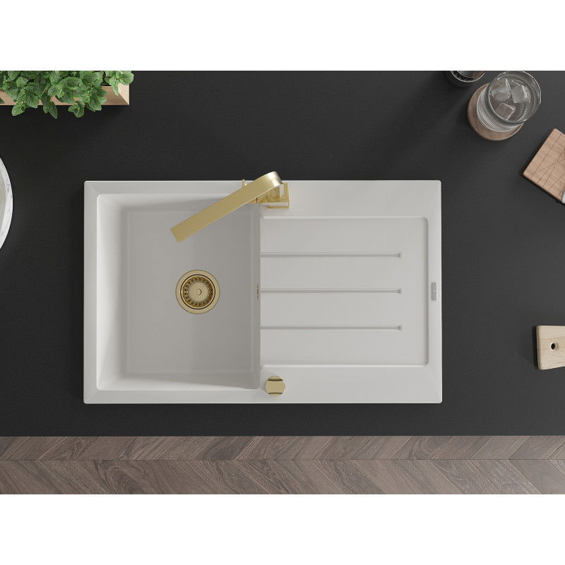 Mexen Bruno žulový drez 1-komorový s odkvapkávačom a kuchynskou batériou Rita, biela - 6513-20-670300-50