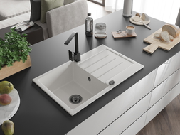 Mexen Bruno jednokomorový žulový drez s odkvapkávačom a kuchynskou batériou Rita, biely - 6513-20-670300-70