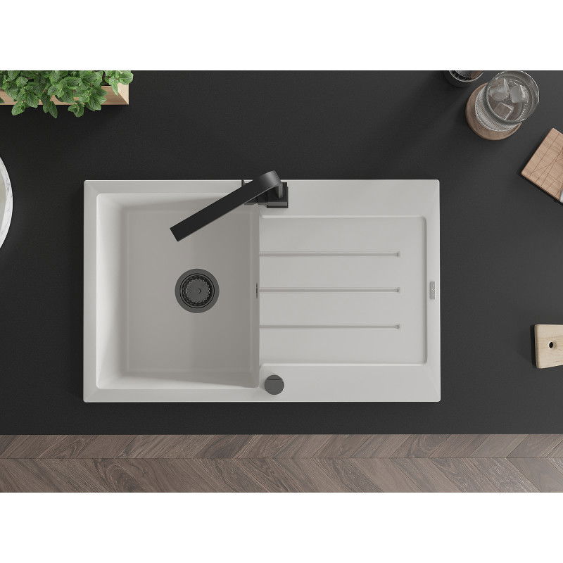 Mexen Bruno jednokomorový žulový drez s odkvapkávačom a kuchynskou batériou Rita, biely - 6513-20-670300-70