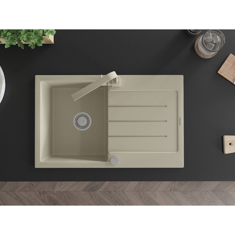 Mexen Bruno žulový kuchynský drez s 1 komorou, odkvapkávacou plochou a kuchynskou batériou Rita, béžový - 6513-69-670300-69