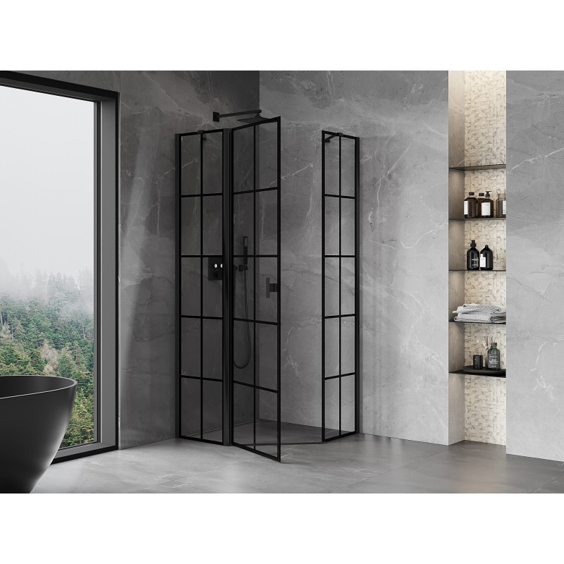 Mexen Mist päťuholníková sprchová kabína s výsuvnými dverami ľavá 100 x 100 cm, čierna mriežka, čierna