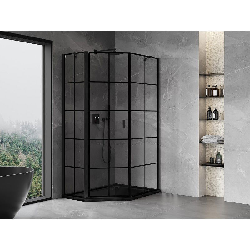 Mexen Mist päťuholníková asymetrická sprchová kabína ľavá 80 x 90 cm, čierna mriežka, čierna - 8A8-080-090-70-77-L