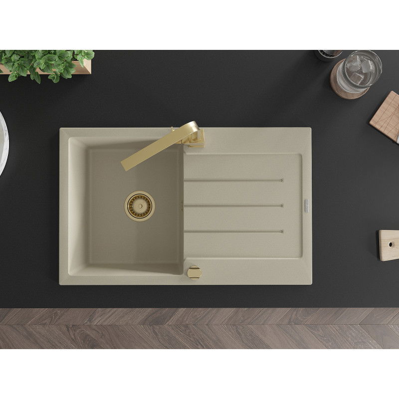 Mexen Bruno jednokomorový granitový kuchynský drez s odkvapkávačom a kuchynskou batériou Rita, béžový - 6513-69-670300-50