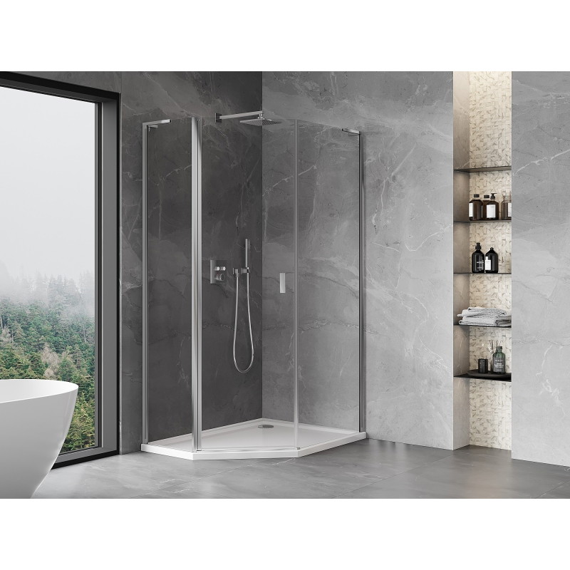 Mexen Mist L asymetrická výklopná sprchová kabína päťuholníková 80 x 90 cm, transparentná, chróm - 8A8L-080-090-01-00