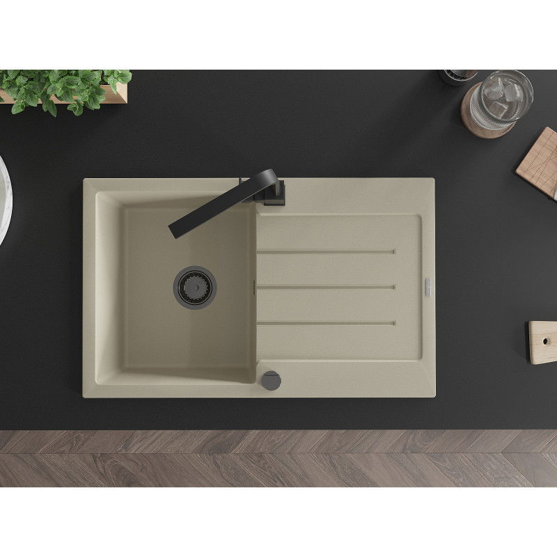 Mexen Bruno granitový drez s 1 komorou a odkvapkávačom a kuchynskou batériou Rita, béžový - 6513-69-670300-70