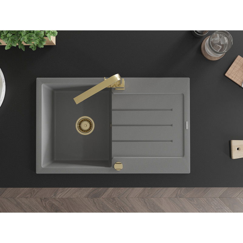 Mexen Bruno granitový kuchynský drez 1-komorový s odkvapkávačom a kuchynskou batériou Rita, sivý - 6513-71-670300-50