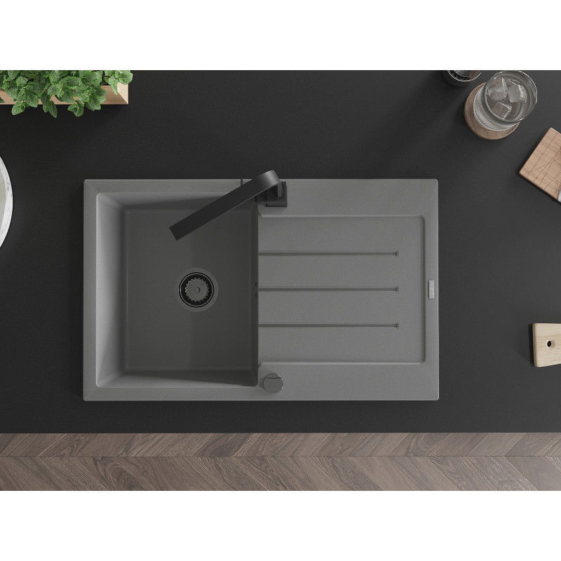 Mexen Bruno žulový kuchynský drez 1-komorový s odkvapkávačom a kuchynskou batériou Rita, sivý - 6513-71-670300-70-B