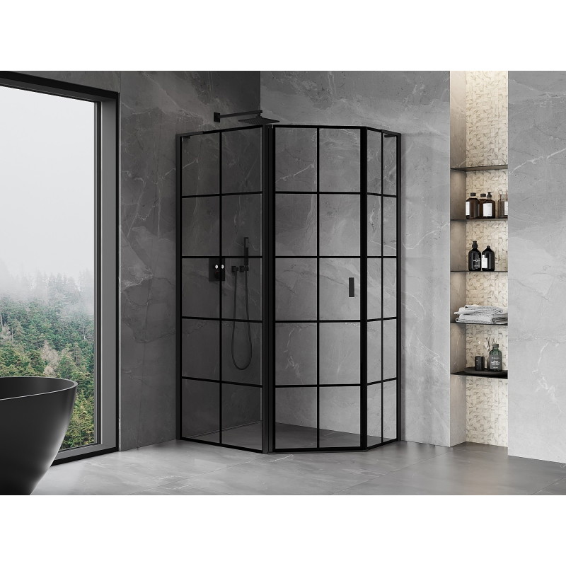 Mexen Mist L asymetrická päťuholníková sprchová kabína s výklopnými dverami na ľavej strane 100 x 90 cm, čierna