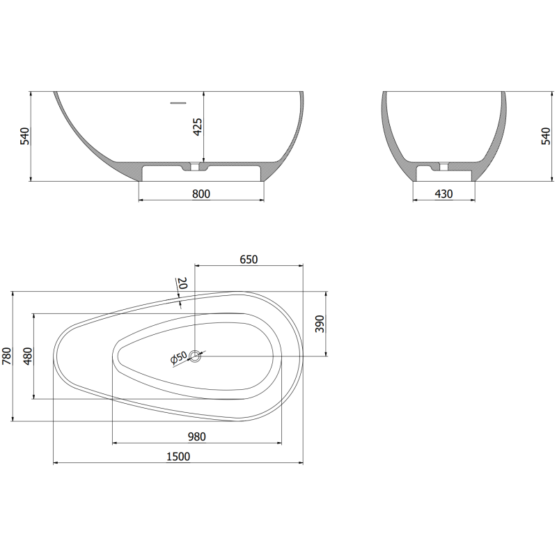 Mexen Palermo voľne stojaca vaňa z konglomerátu 150 x 78 cm, čierna matná - 57211507870