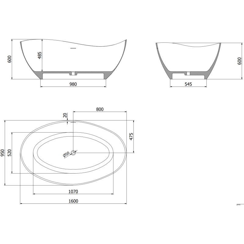 Mexen Parma voľne stojaca vaňa z konglomerátu 160 x 95 cm, biela mat - 57231609500