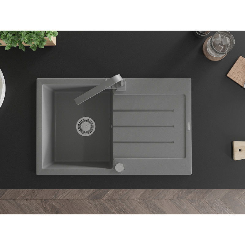 Mexen Bruno žulový kuchynský drez s 1 komorou a odkvapkávacou plochou a kuchynskou batériou Rita, sivá - 6513-71-670300-71