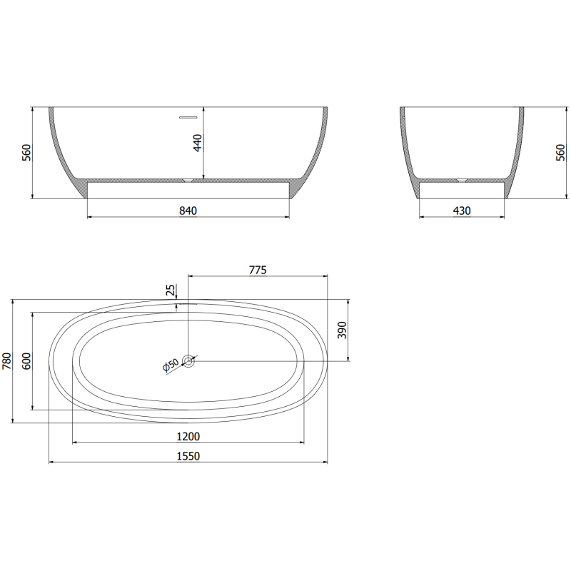 Mexen Torino voľne stojaca vaňa z kompozitu 155 x 78 cm, biela matná - 57271557800