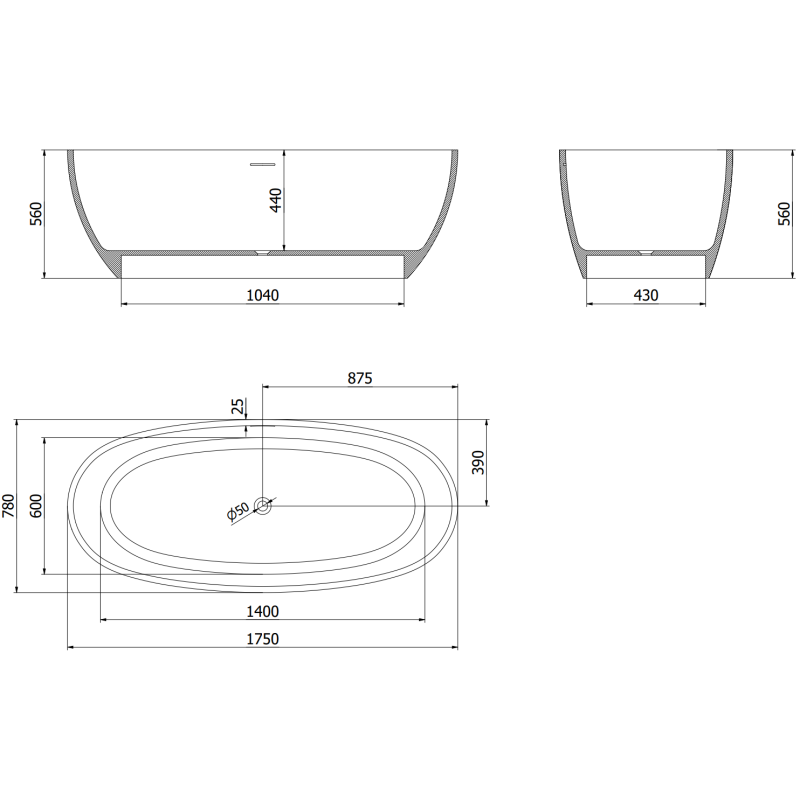 Mexen Torino voľne stojaca vaňa z konglomerátu 175 x 78 cm, biela lesk - 57271757810
